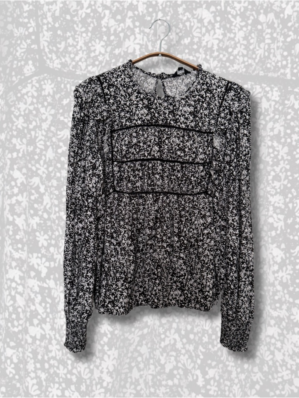 Rails Black and White Floral Ruffle-Trim Blouse